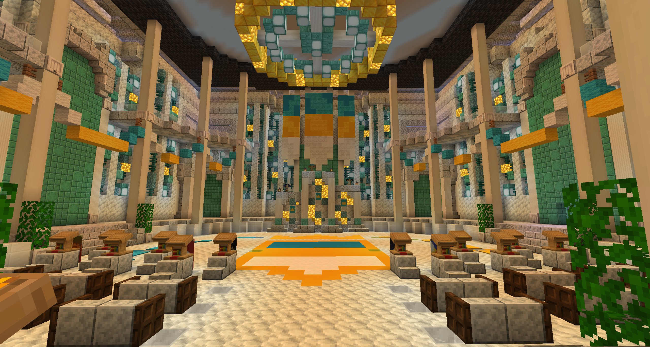 The Commonwealth parliament hall, looking down the columns toward the raised dais.